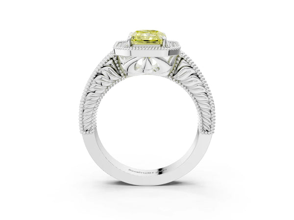 White gold Fancy Yellow Radiant  Cut Halo Diamond Ring with Pavé Band and Four-Prong Setting
