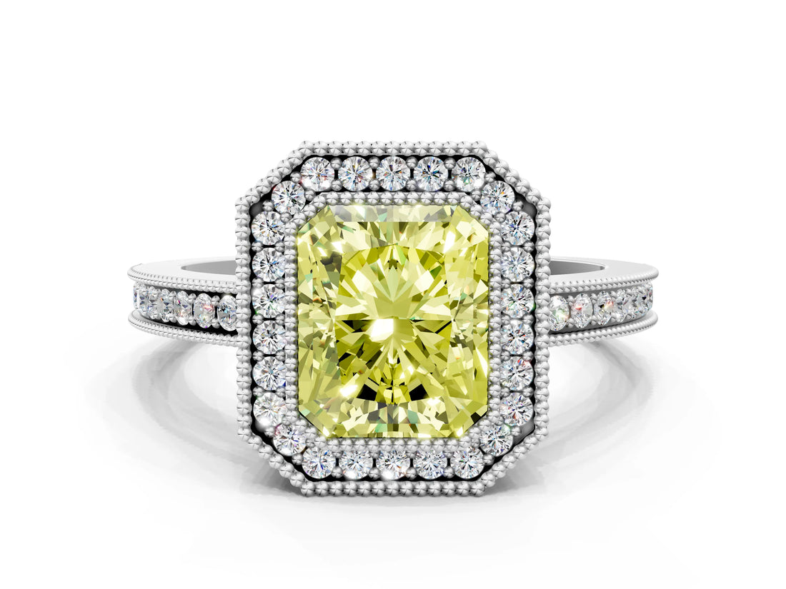 White gold Fancy Yellow Radiant  Cut Halo Diamond Ring with Pavé Band and Milgrain Prong Setting_32