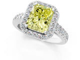 White gold Fancy Yellow Radiant Cut Halo Diamond Ring with Pavé Band and Three-Prong Setting_25