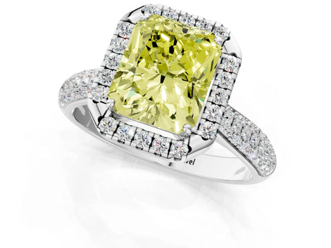 White gold Fancy Yellow Radiant Cut Halo Diamond Ring with Pavé Band_1