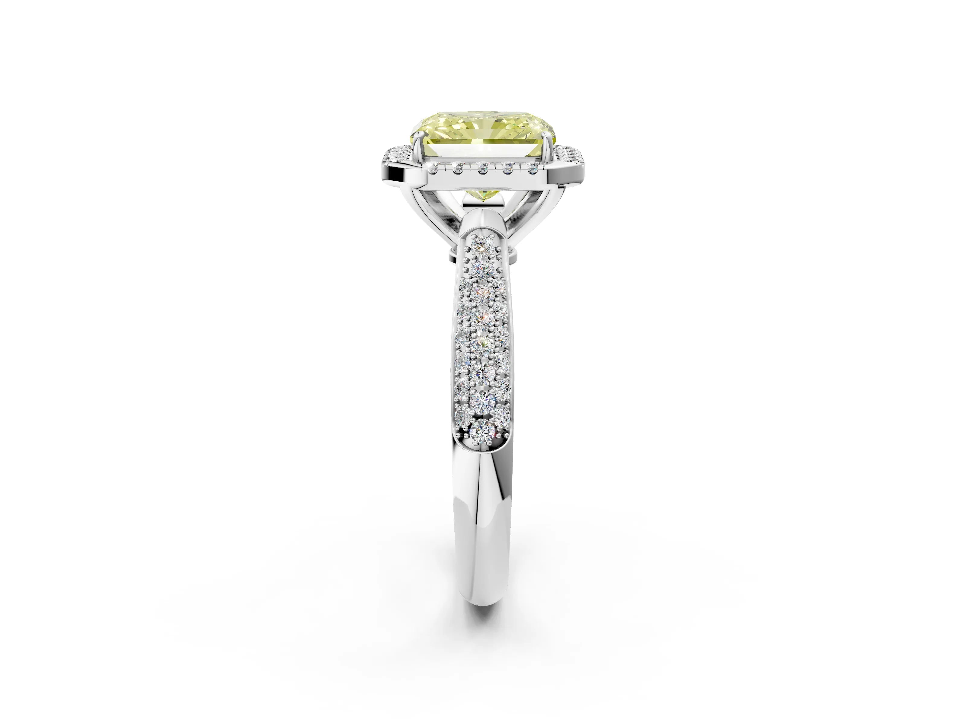 White gold Fancy Yellow Radiant Cut Halo Diamond Ring with Pavé Band_2