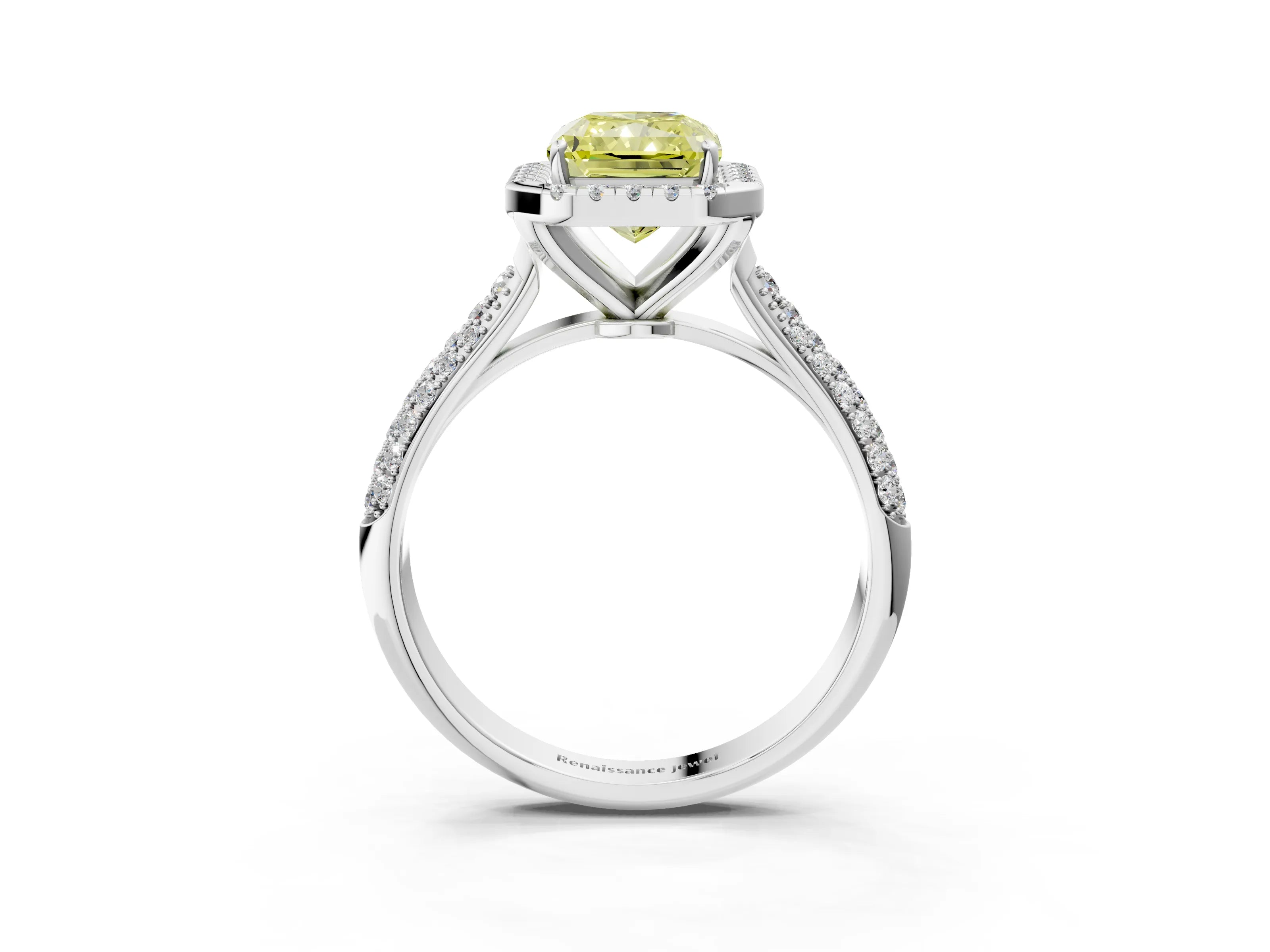 White gold Fancy Yellow Radiant Cut Halo Diamond Ring with Pavé Band_3