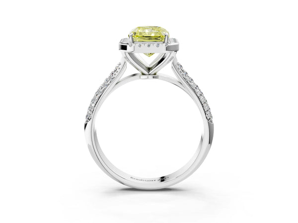 White gold Fancy Yellow Radiant Cut Halo Diamond Ring with Pavé Band
