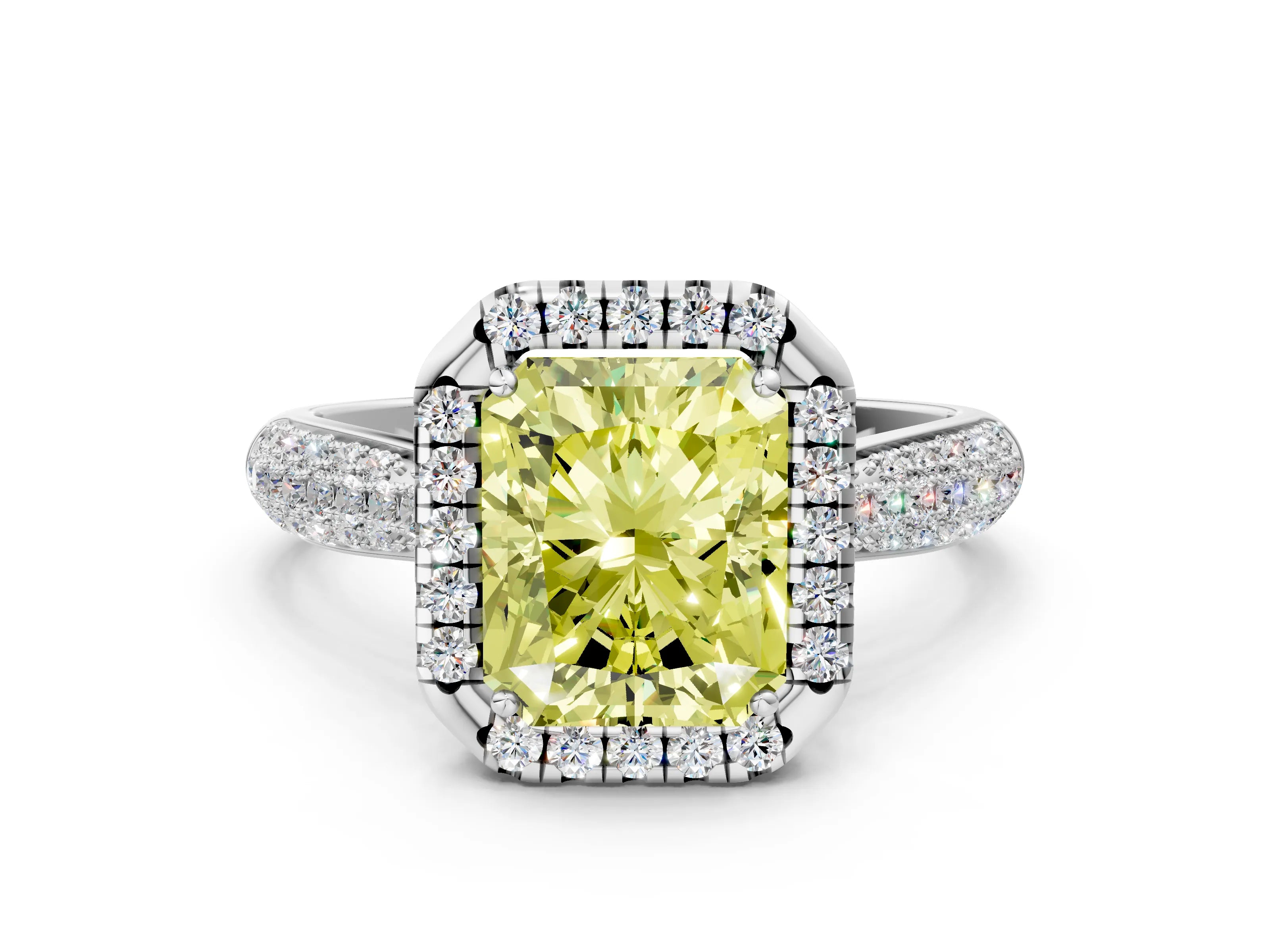 White gold Fancy Yellow Radiant Cut Halo Diamond Ring with Pavé Band_48