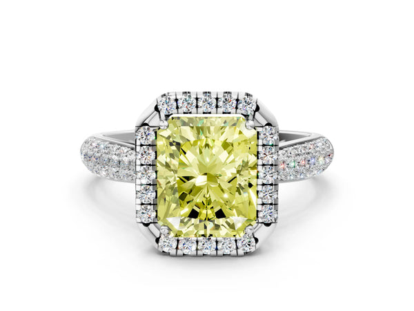 White gold Fancy Yellow Radiant Cut Halo Diamond Ring with Pavé Band