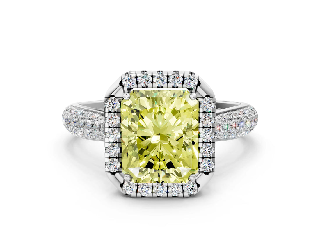White gold Fancy Yellow Radiant Cut Halo Diamond Ring with Pavé Band_48