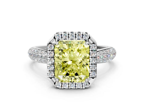 White gold Fancy Yellow Radiant Cut Halo Diamond Ring with Pavé Band_48