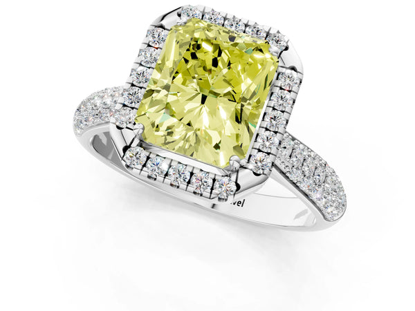 White gold Fancy Yellow Radiant Cut Halo Diamond Ring with Pavé Band