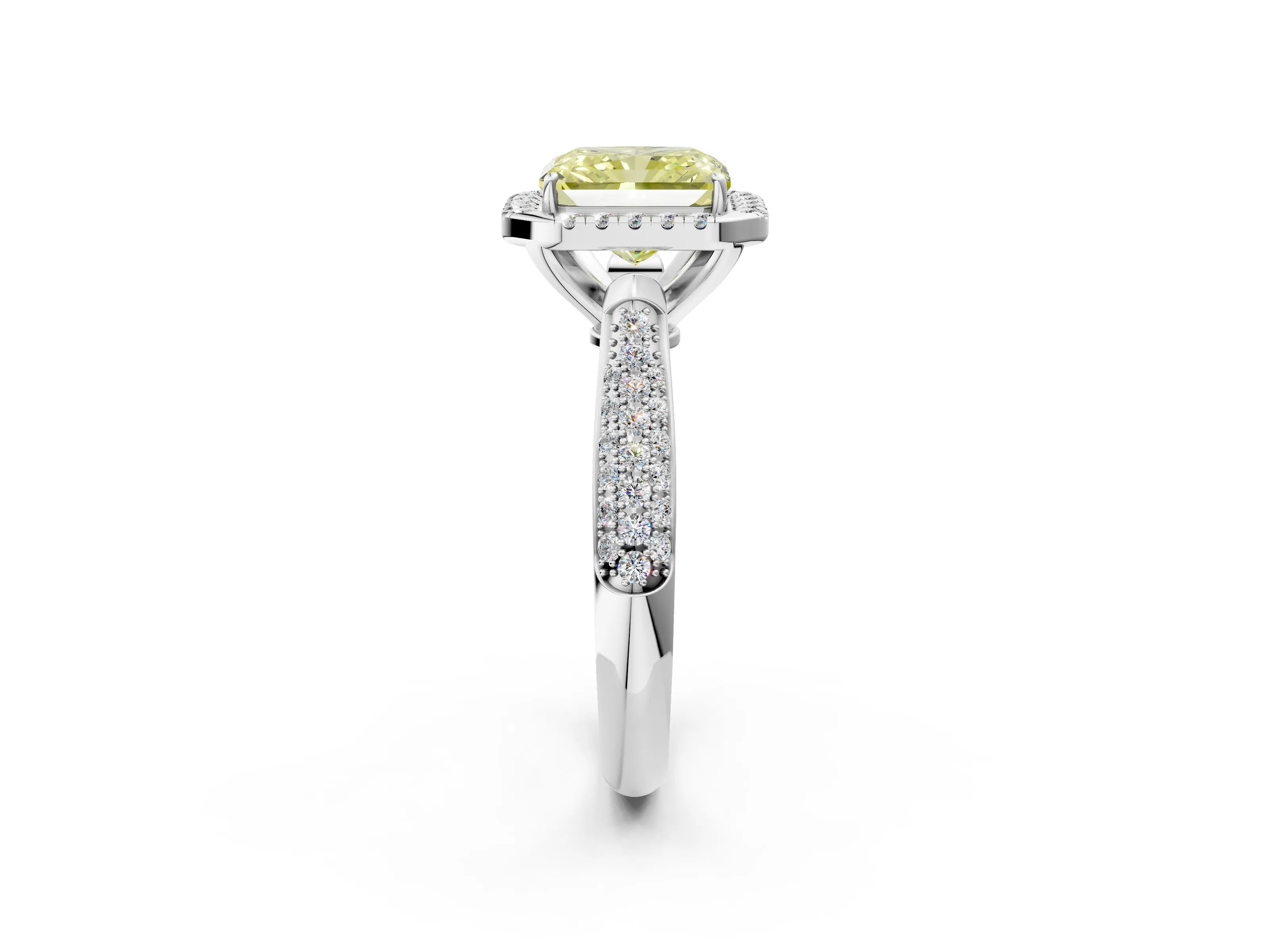 White gold Fancy Yellow Radiant Cut Halo Diamond Ring with Pavé Band_50