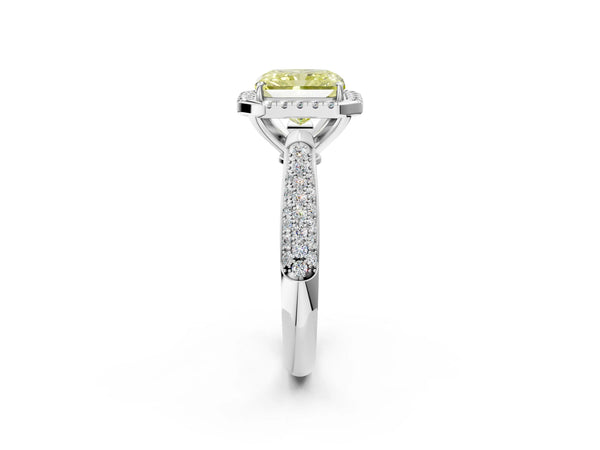 White gold Fancy Yellow Radiant Cut Halo Diamond Ring with Pavé Band