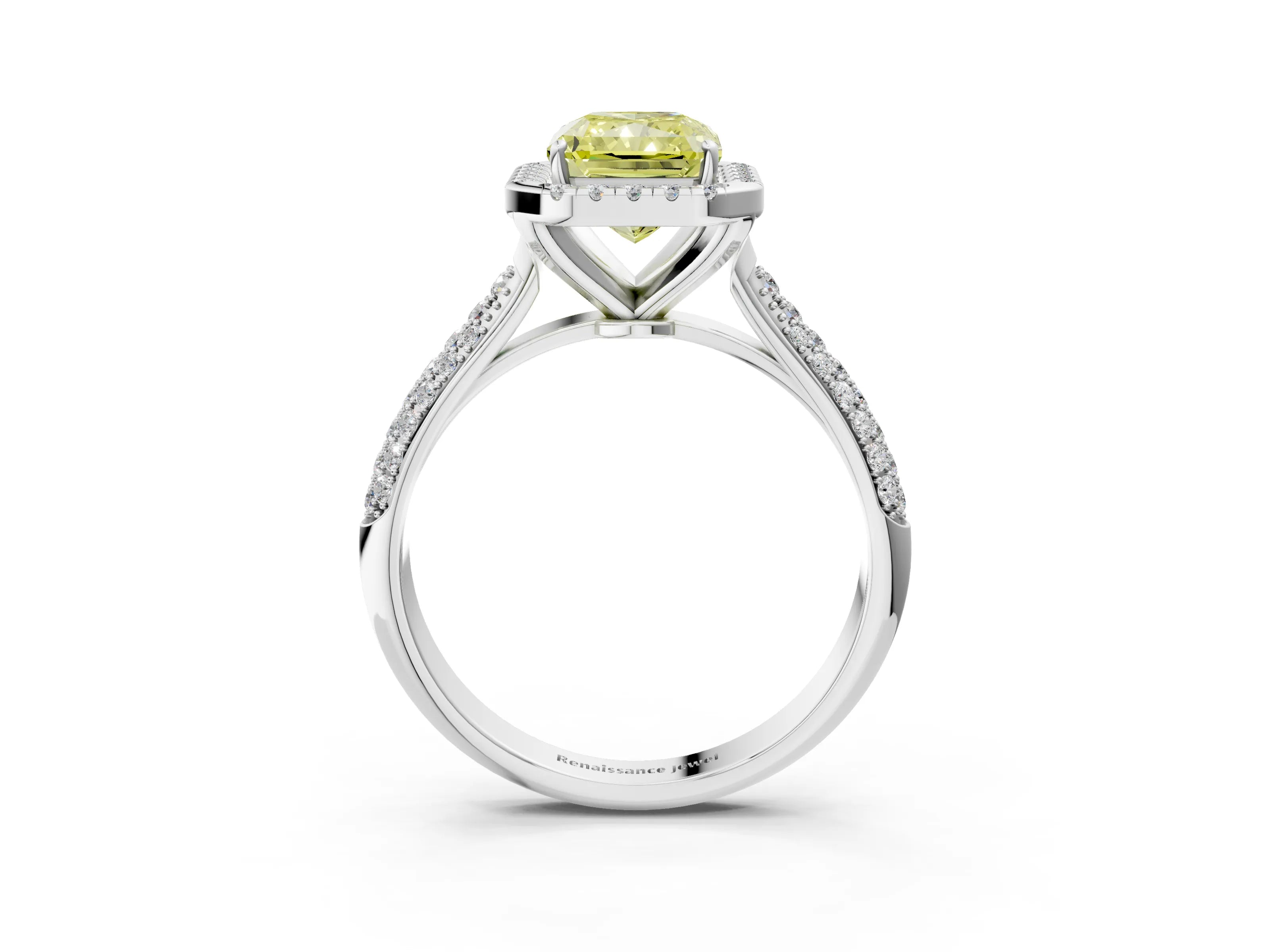 White gold Fancy Yellow Radiant Cut Halo Diamond Ring with Pavé Band_51