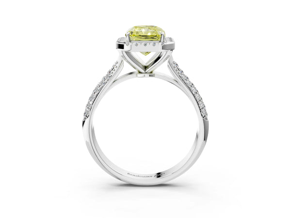 White gold Fancy Yellow Radiant Cut Halo Diamond Ring with Pavé Band