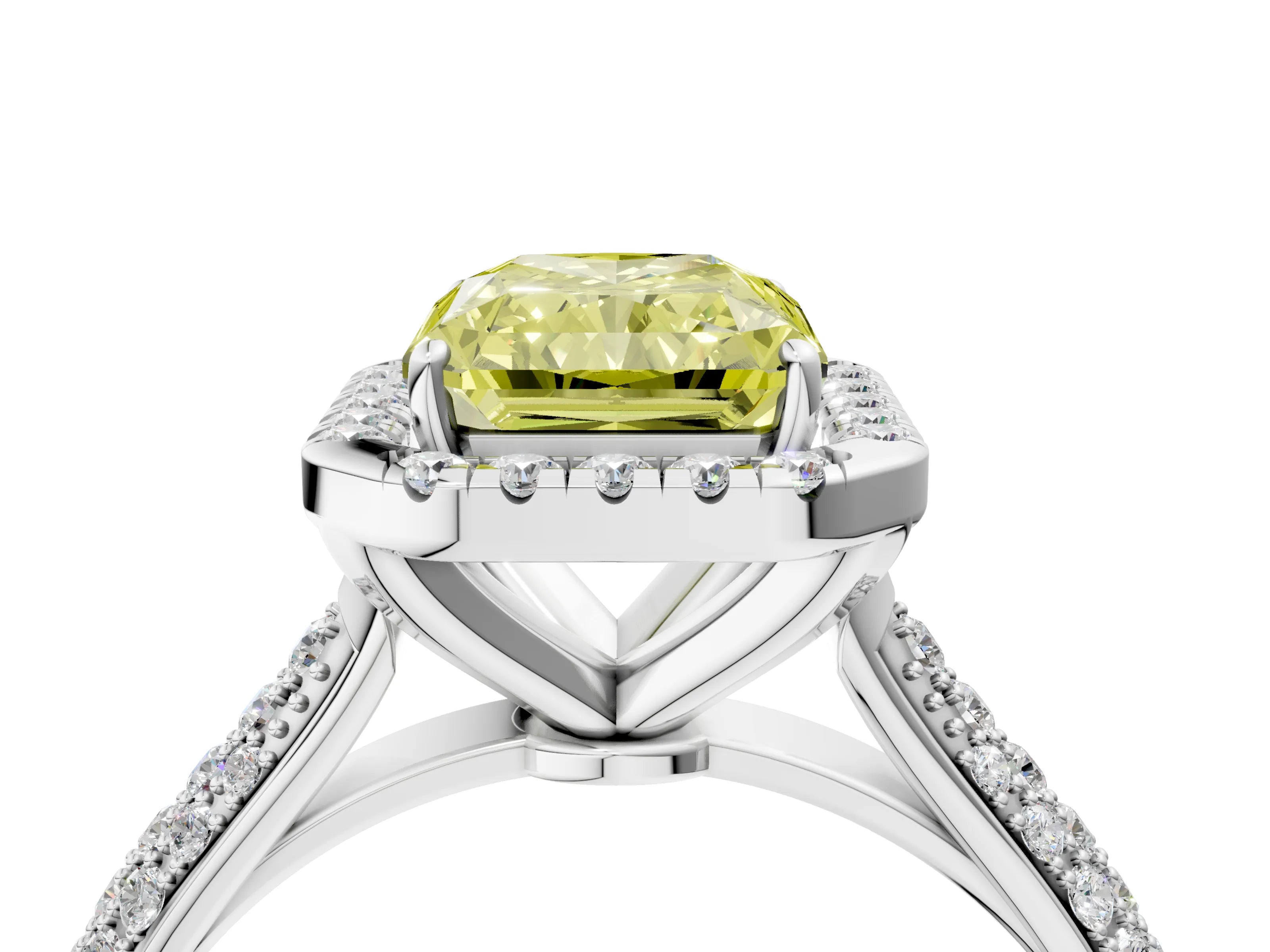White gold Fancy Yellow Radiant Cut Halo Diamond Ring with Pavé Band_52