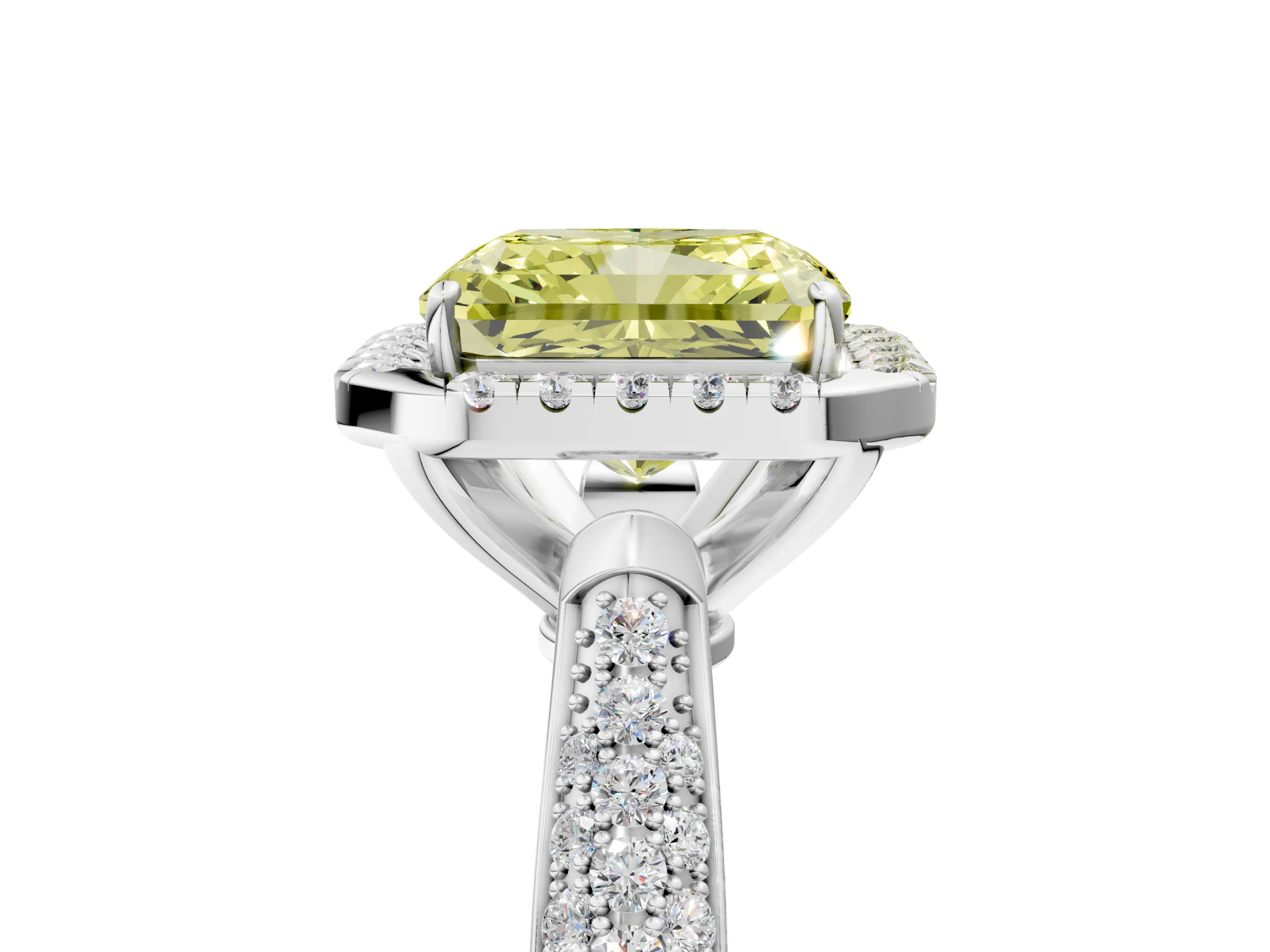 White gold Fancy Yellow Radiant Cut Halo Diamond Ring with Pavé Band_53