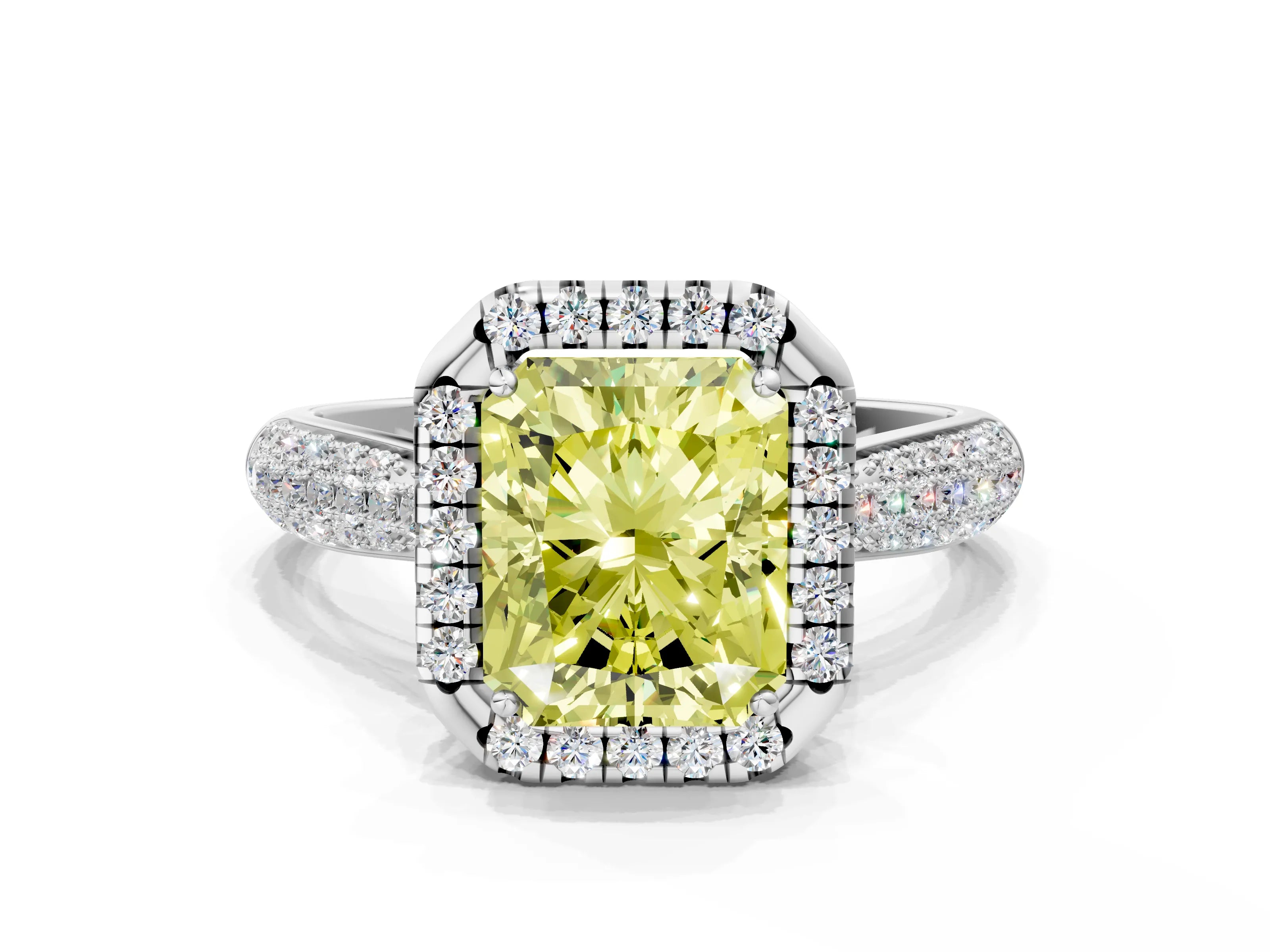 White gold Fancy Yellow Radiant Cut Halo Diamond Ring with Pavé Band