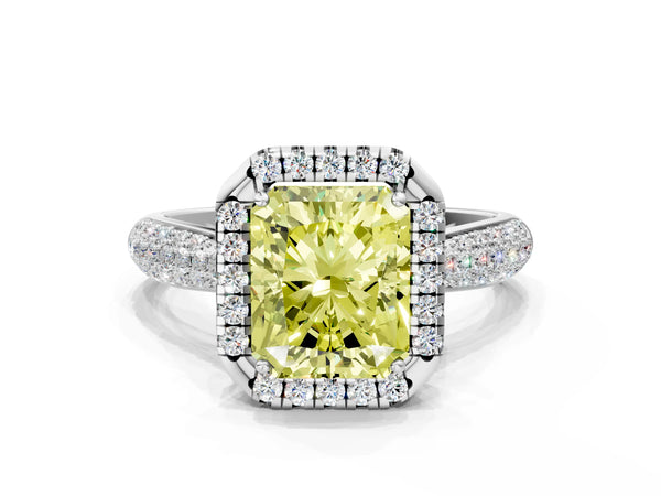 White gold Fancy Yellow Radiant Cut Halo Diamond Ring with Pavé Band