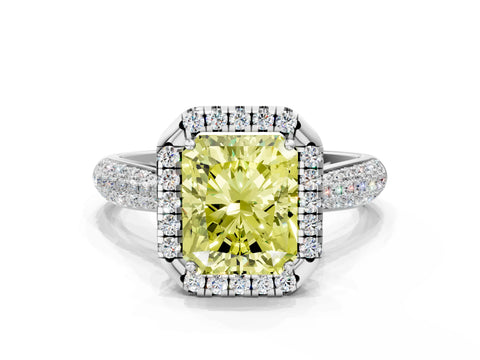White gold Fancy Yellow Radiant Cut Halo Diamond Ring with Pavé Band