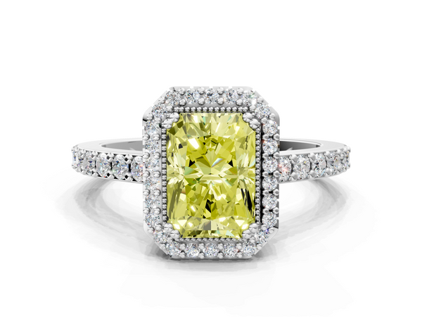 Platinum Fancy Yellow Radiant  Cut Diamond Halo Engagement Ring with Milgrain Detail and Pavé Band