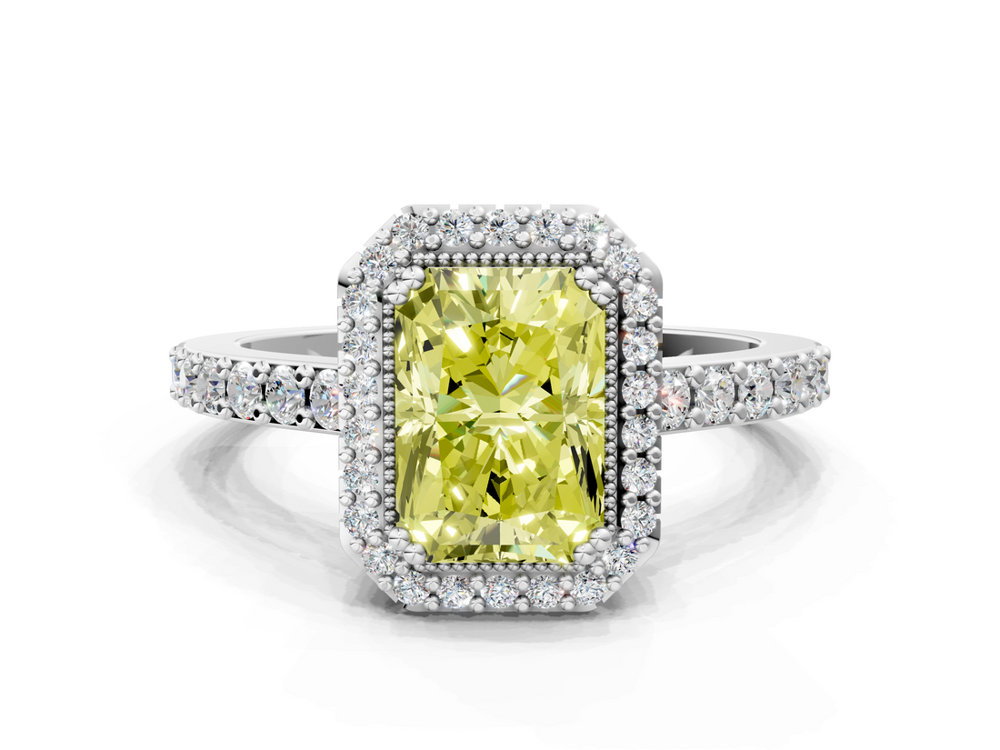 White gold Fancy Yellow Radiant  Cut Halo Diamond Ring with Pave Band and Four-Prong Setting_24