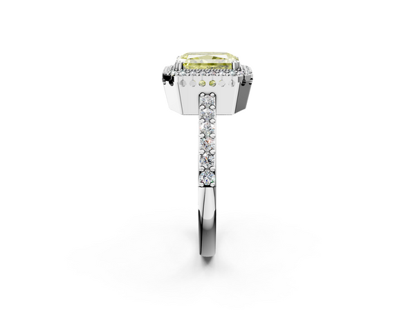 Platinum Fancy Yellow Radiant  Cut Diamond Halo Engagement Ring with Milgrain Detail and Pavé Band