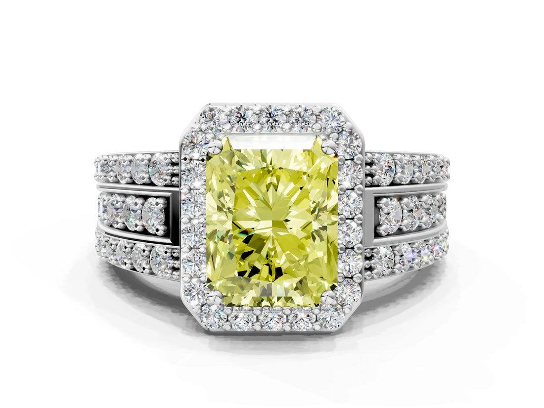 White gold Fancy Yellow Radiant Cut Halo Diamond Ring with Round  Split Shank and Prong Setting_142