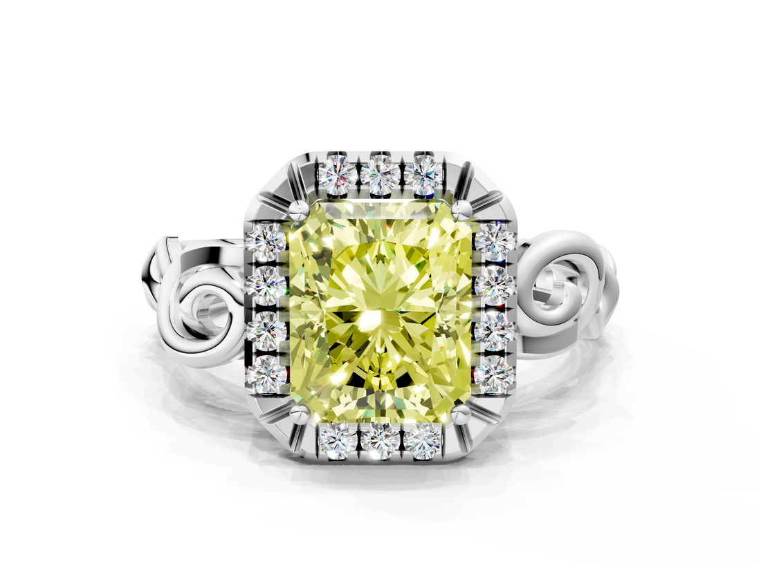 White gold Fancy Yellow Radiant  Cut Halo Diamond Ring with Scrollwork Band and Four-Prong Setting_119