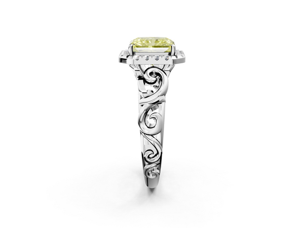 Platinum Fancy Yellow Radiant  Cut Halo Diamond Ring with Scrollwork Band and Four-Prong Setting