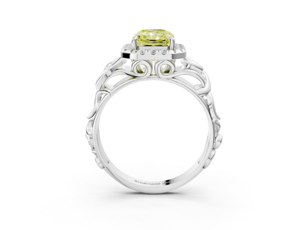 Platinum Fancy Yellow Radiant  Cut Halo Diamond Ring with Scrollwork Band and Four-Prong Setting