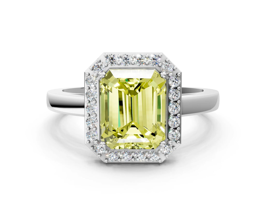 White gold Fancy Yellow Radiant Cut Halo Diamond Ring with Solitaire Band and Prong Setting