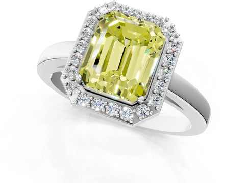 White gold Fancy Yellow Radiant Cut Halo Diamond Ring with Solitaire Band and Prong Setting_1
