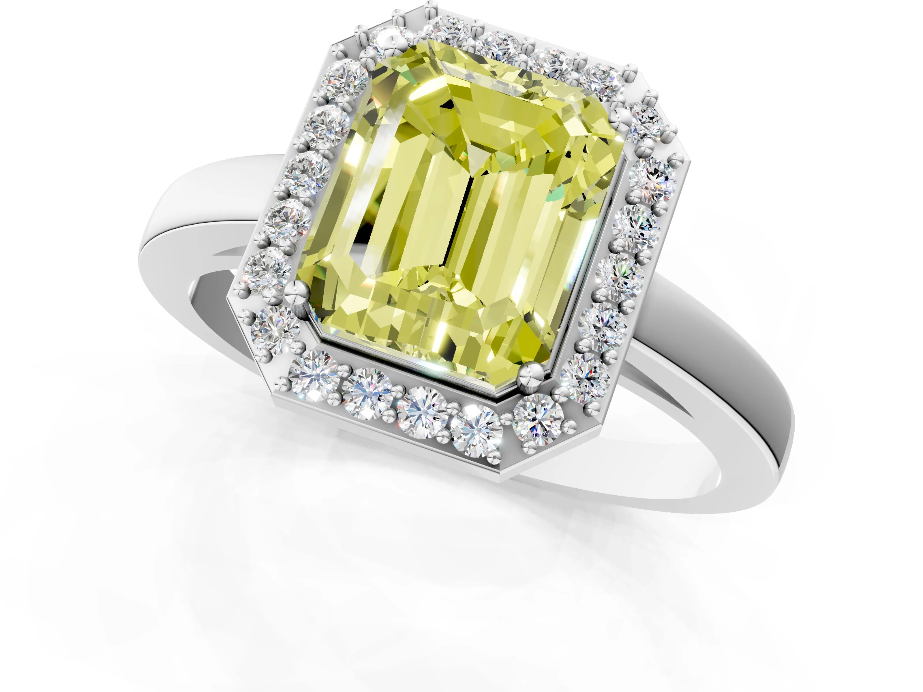 White gold Fancy Yellow Radiant Cut Halo Diamond Ring with Solitaire Band and Prong Setting_1