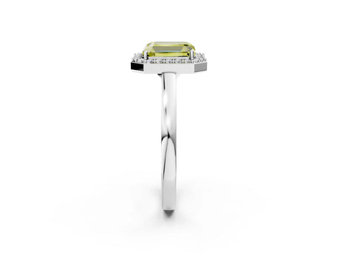 White gold Fancy Yellow Radiant Cut Halo Diamond Ring with Solitaire Band and Prong Setting_2