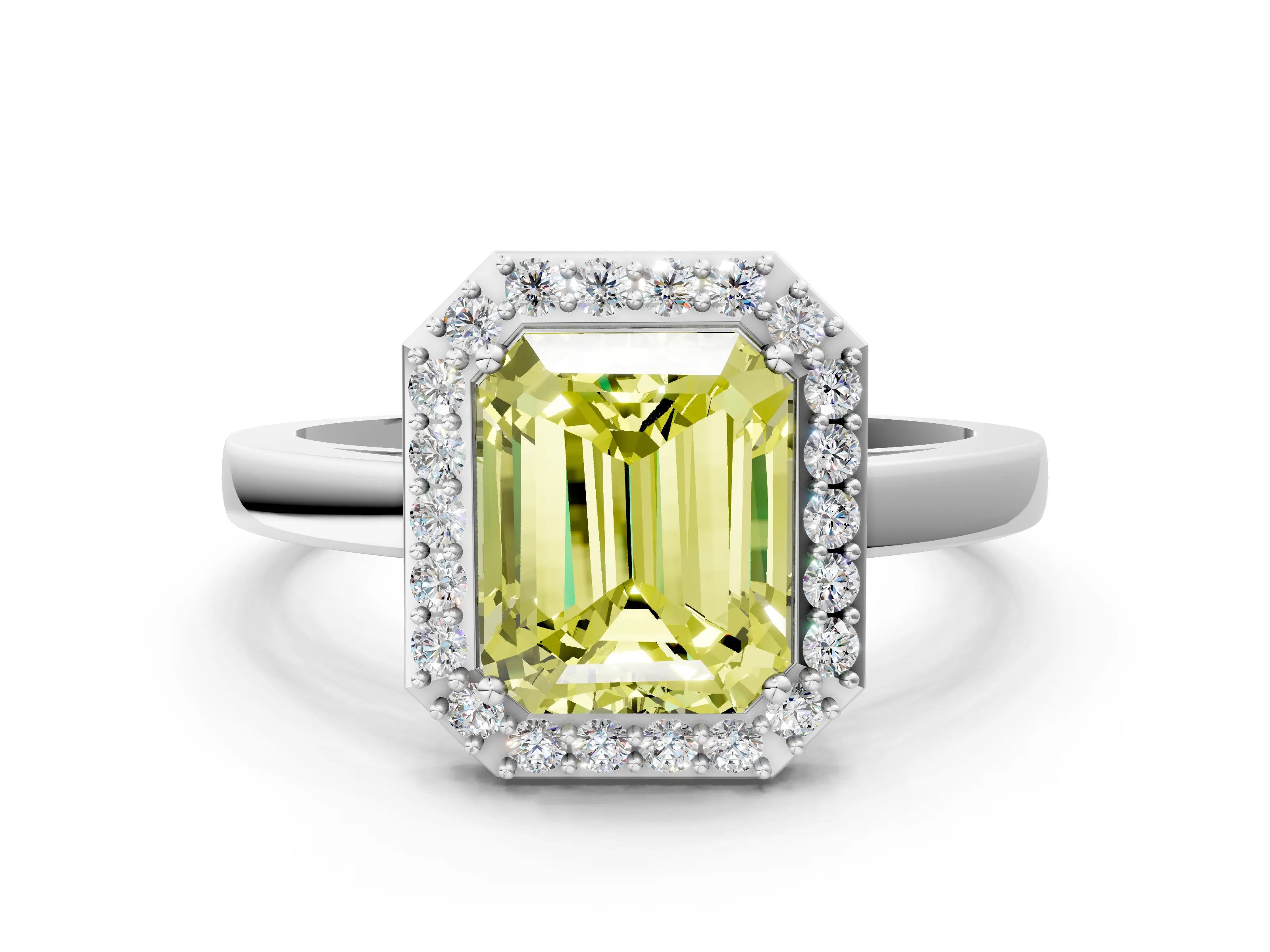 White gold Fancy Yellow Radiant Cut Halo Diamond Ring with Solitaire Band and Prong Setting