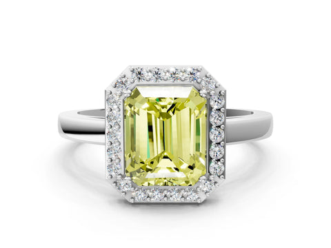 White gold Fancy Yellow Radiant Cut Halo Diamond Ring with Solitaire Band and Prong Setting