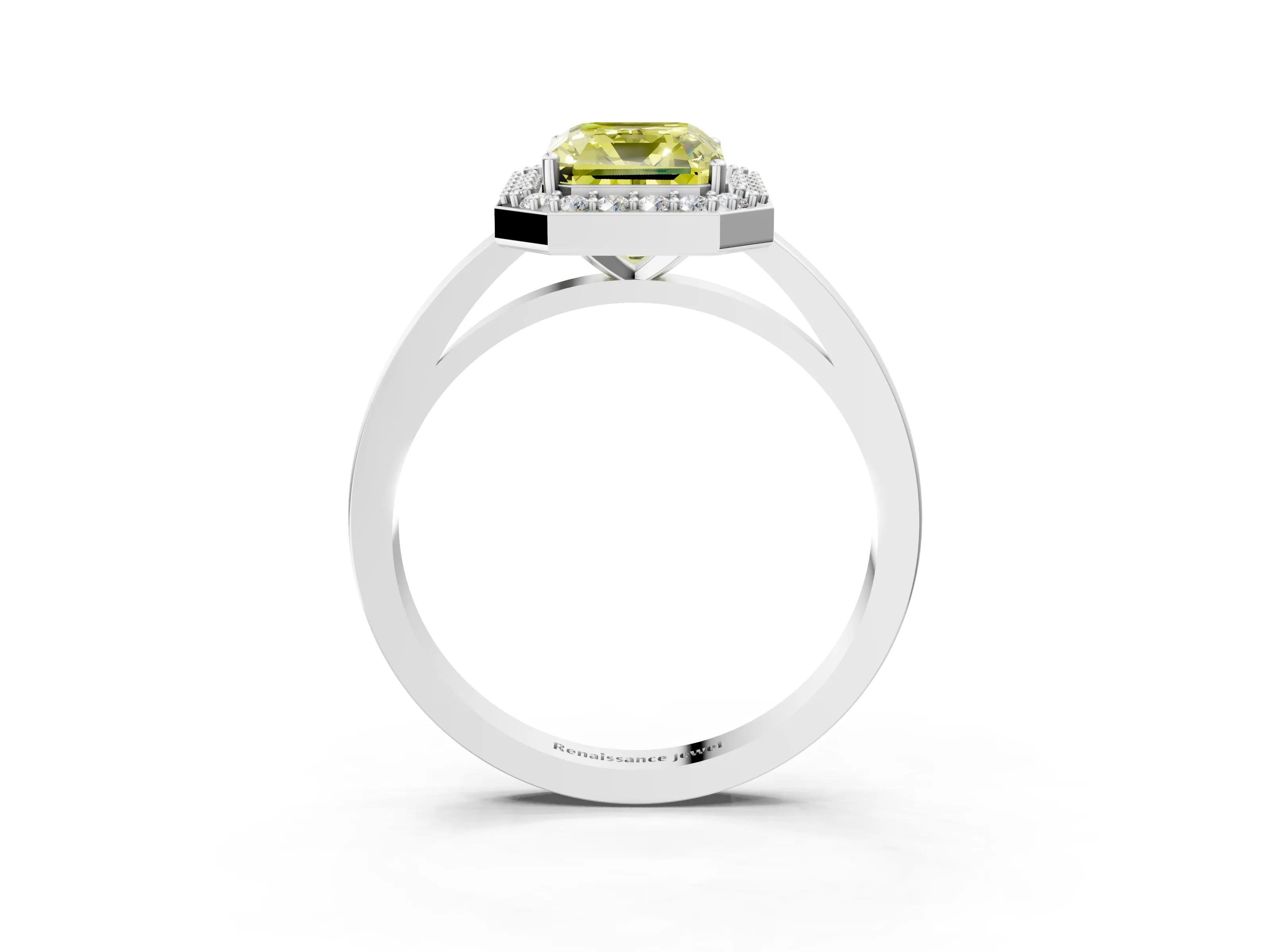 White gold Fancy Yellow Radiant Cut Halo Diamond Ring with Solitaire Band and Prong Setting_3