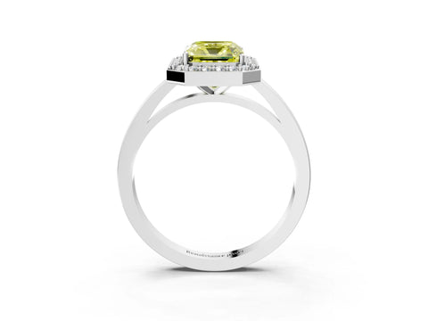 White gold Fancy Yellow Radiant Cut Halo Diamond Ring with Solitaire Band and Prong Setting_3