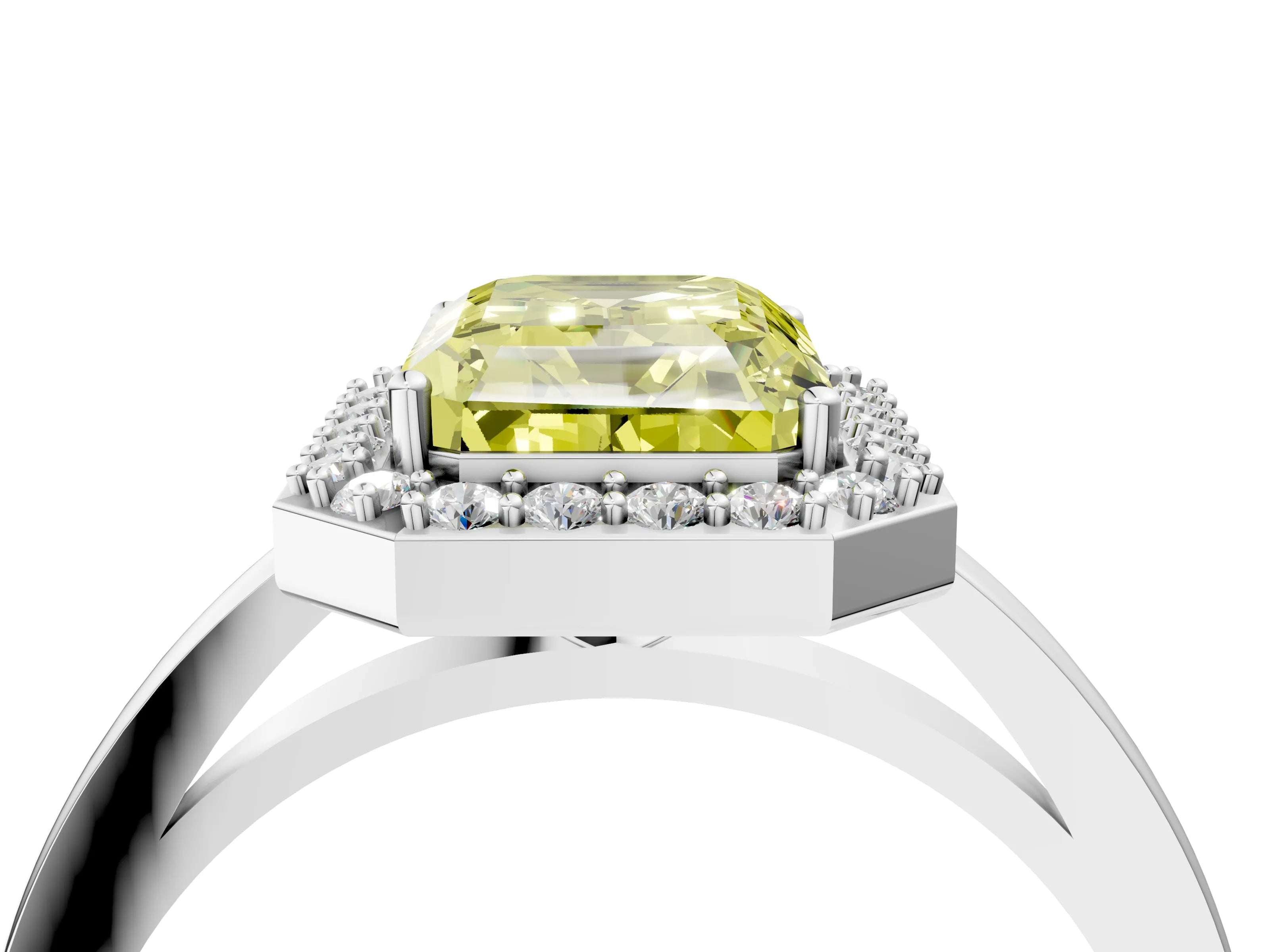 White gold Fancy Yellow Radiant Cut Halo Diamond Ring with Solitaire Band and Prong Setting_4