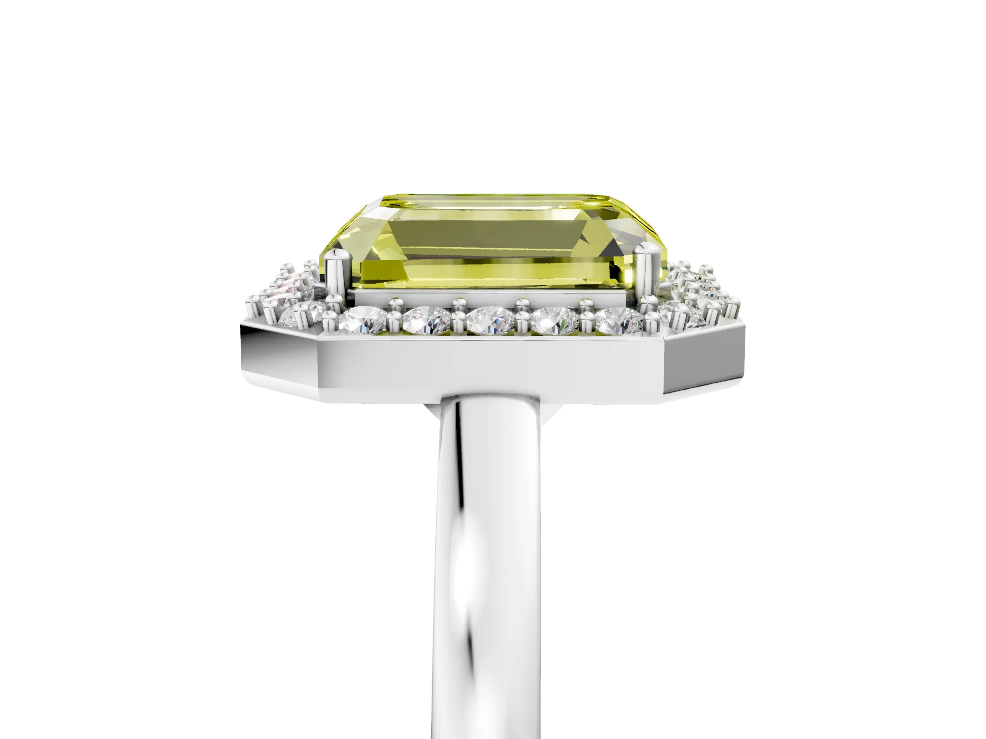 White gold Fancy Yellow Radiant Cut Halo Diamond Ring with Solitaire Band and Prong Setting_5