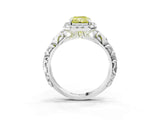 White gold Fancy Yellow Radiant Cut Halo Diamond Solitaire with Filigree Band and Four-Prong Setting_3