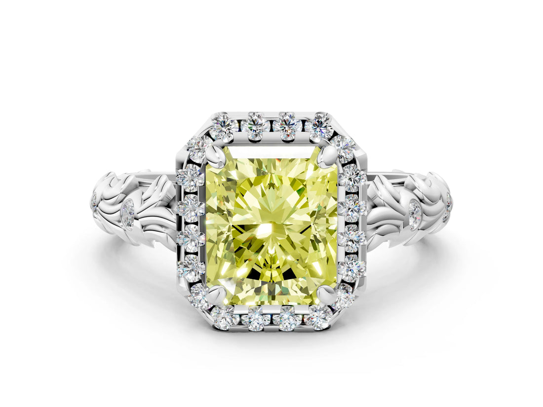 White gold Fancy Yellow Radiant Cut Halo Diamond Solitaire with Filigree Band and Four-Prong Setting