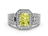 White gold Fancy Yellow Radiant Cut Halo Diamond Split Shank Ring with Prong Setting