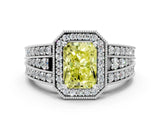 White gold Fancy Yellow Radiant Cut Halo Diamond Split Shank Ring with Prong Setting_6