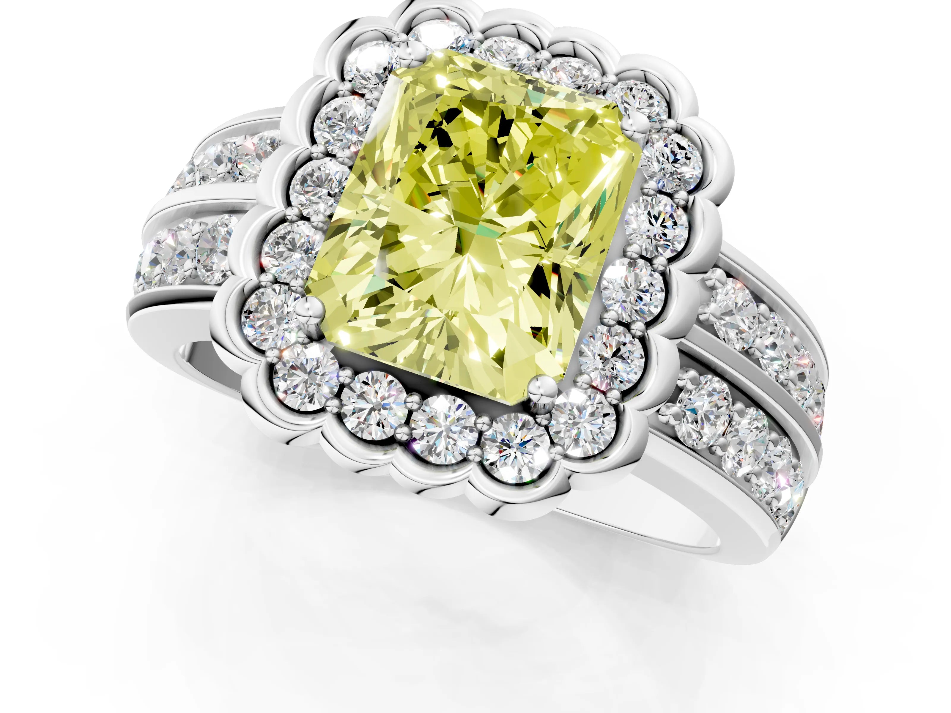 White gold Fancy Yellow Radiant Cut Halo Diamond Split Shank Ring with Scalloped Prong Setting_1