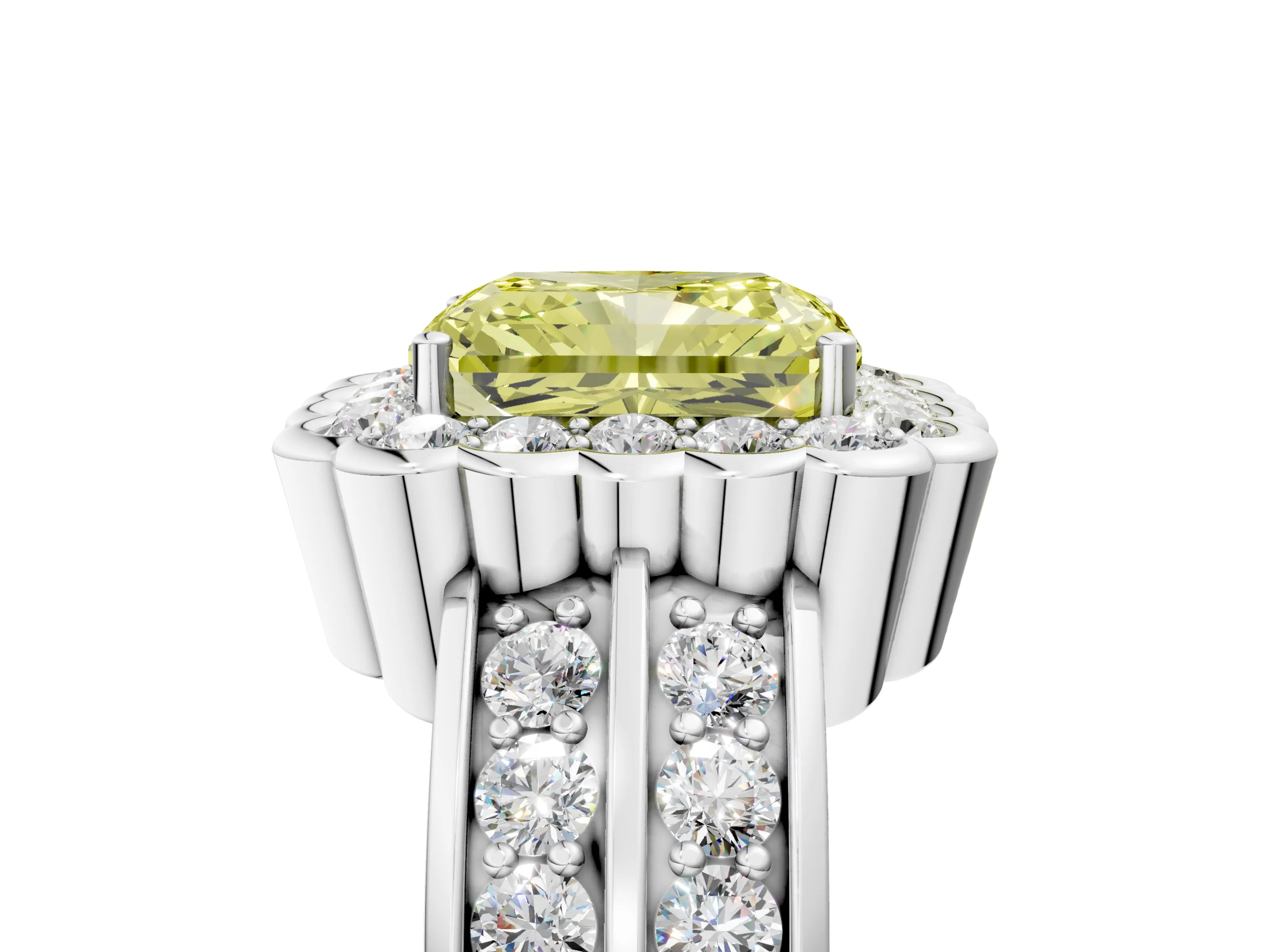 White gold Fancy Yellow Radiant Cut Halo Diamond Split Shank Ring with Scalloped Prong Setting_11
