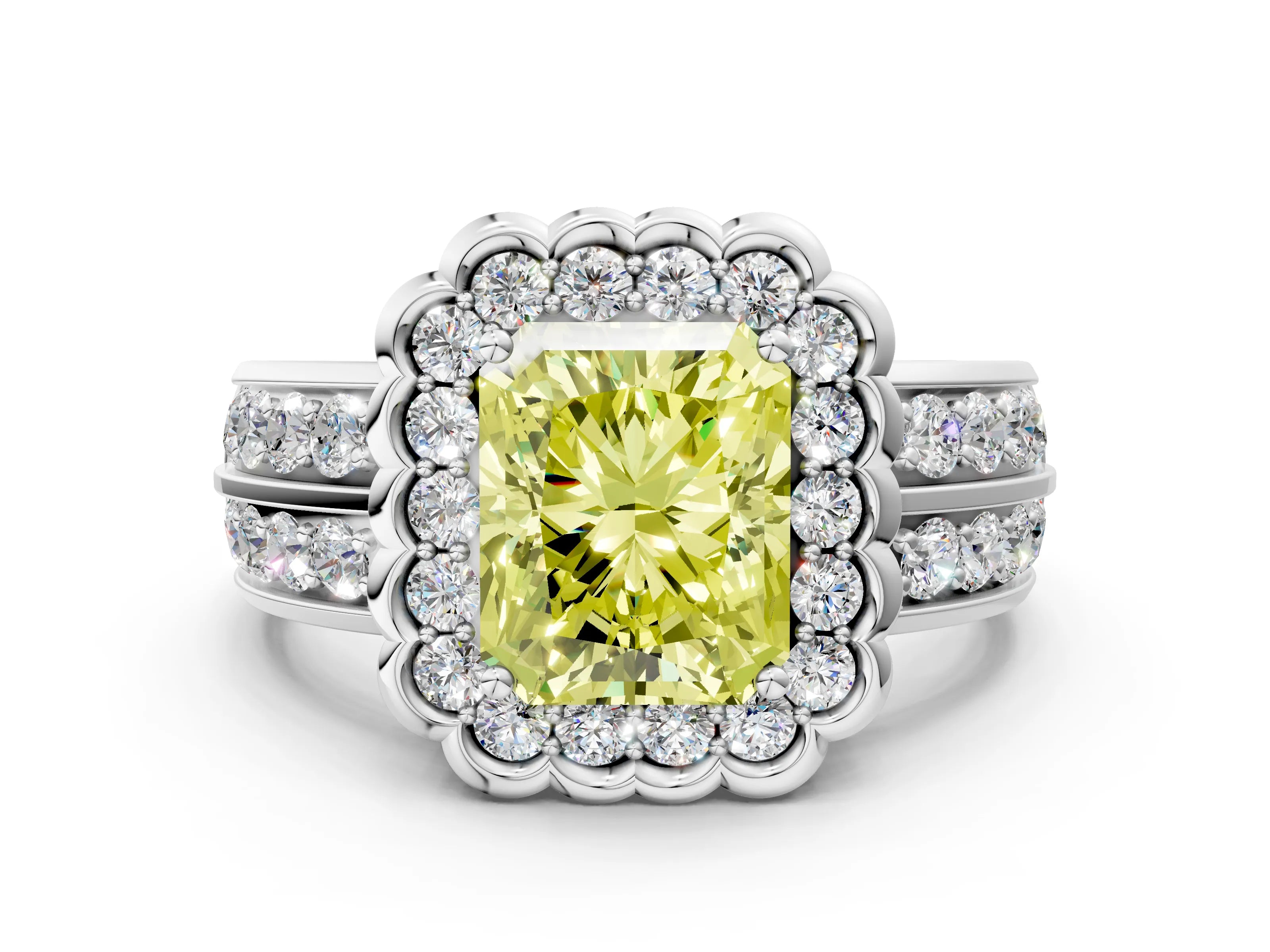 White gold Fancy Yellow Radiant Cut Halo Diamond Split Shank Ring with Scalloped Prong Setting_12