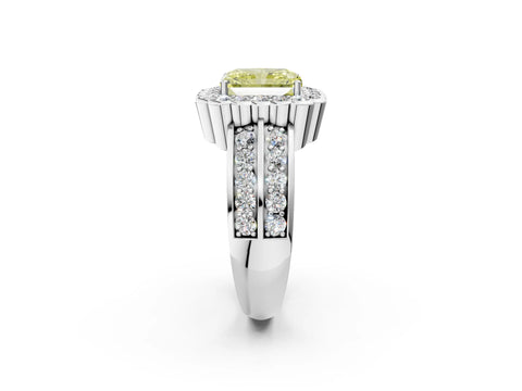 White gold Fancy Yellow Radiant Cut Halo Diamond Split Shank Ring with Scalloped Prong Setting_14