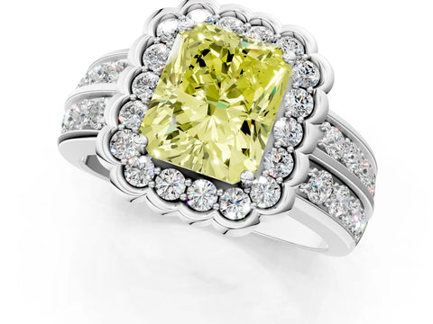 White gold Fancy Yellow Radiant Cut Halo Diamond Split Shank Ring with Scalloped Prong Setting_1