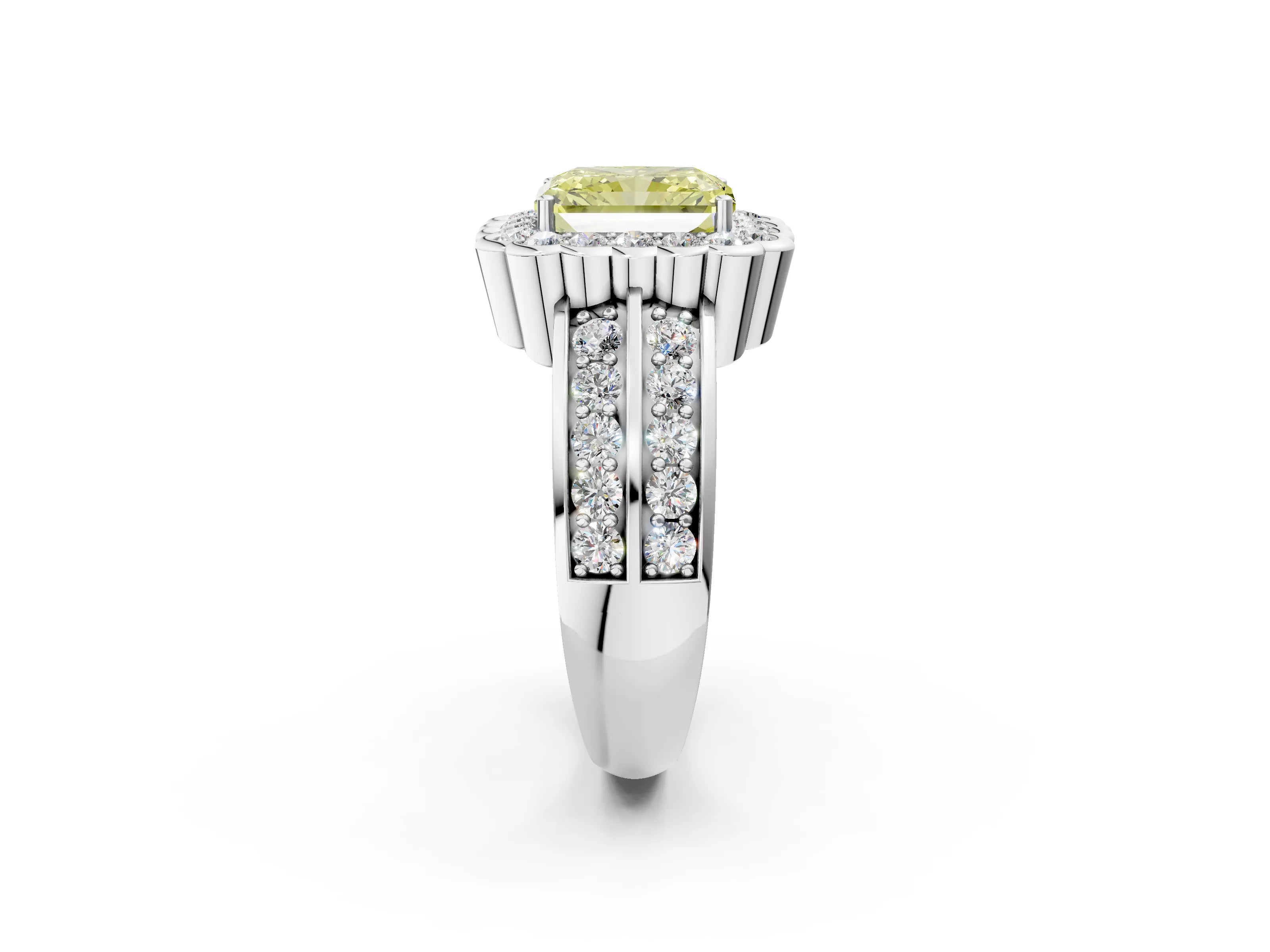 White gold Fancy Yellow Radiant Cut Halo Diamond Split Shank Ring with Scalloped Prong Setting_20