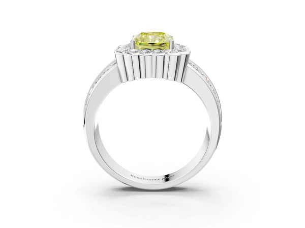White gold Fancy Yellow Radiant Cut Halo Diamond Split Shank Ring with Scalloped Prong Setting
