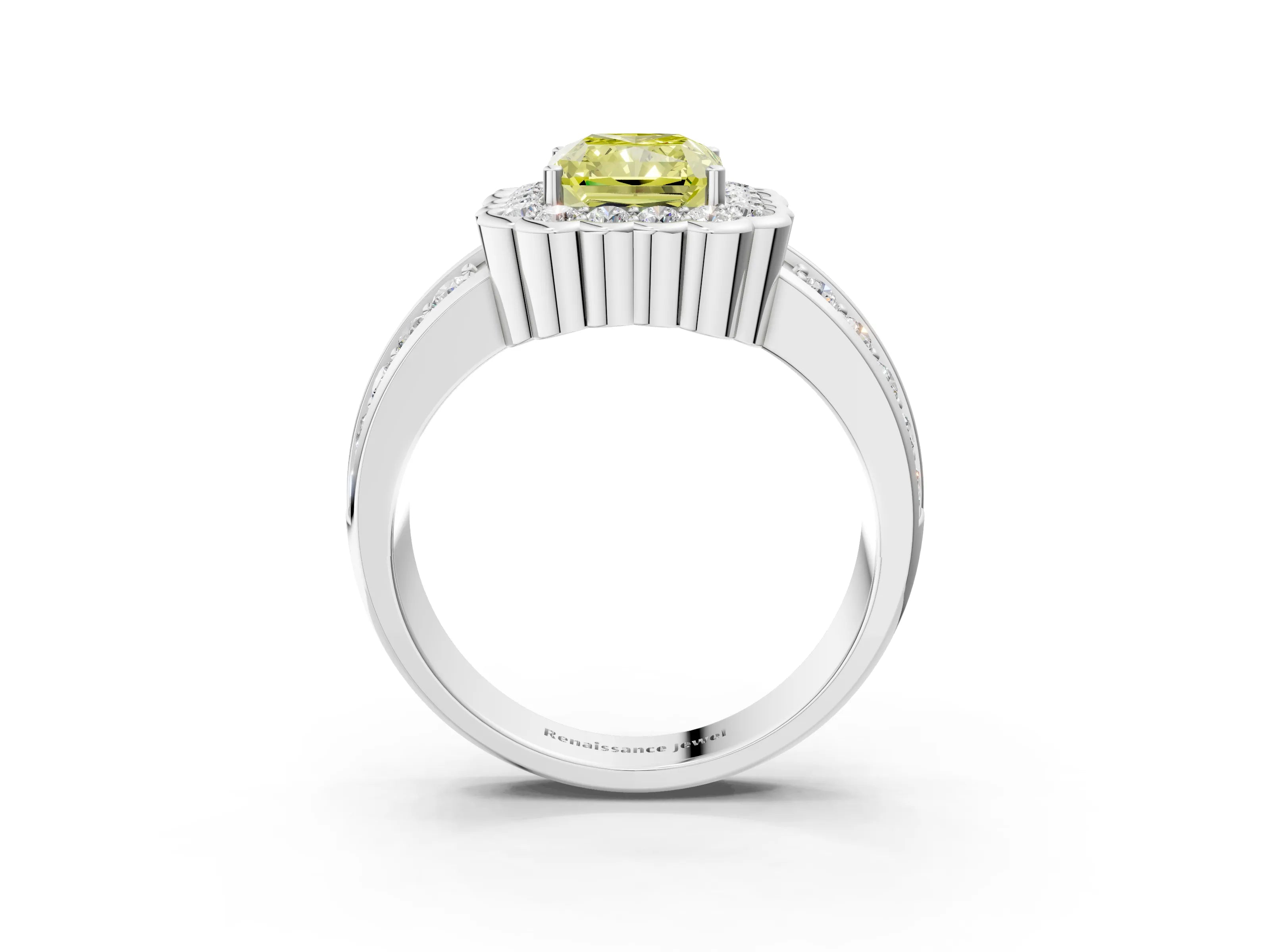 White gold Fancy Yellow Radiant Cut Halo Diamond Split Shank Ring with Scalloped Prong Setting_3